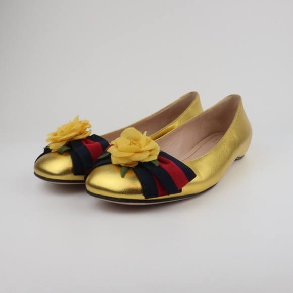 Gucci Shoes - Gucci Web Bow Rose Ballet Flats Gold Metallic